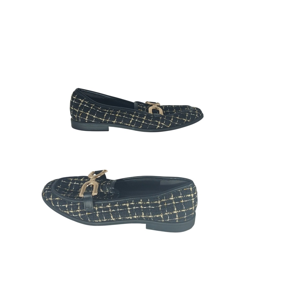 Kenneth Cole Larisa Loafers 7.5 Black Gold Tweed Metallic Horsebit Buckle Flats